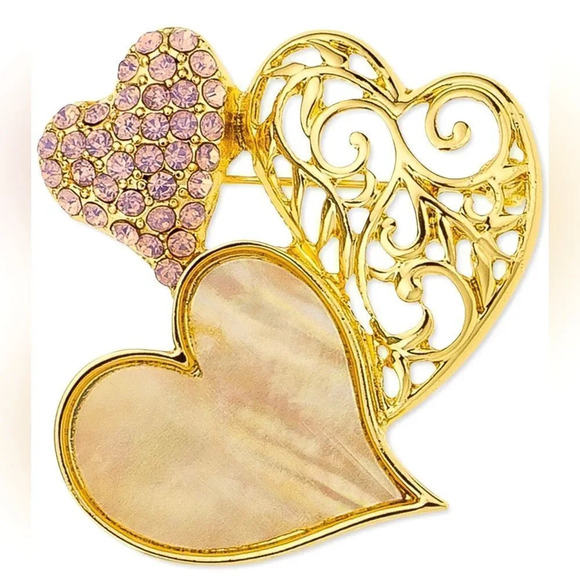 Charter Club Jewelry - Heart Gold-Tone Stone & Pave Triple Heart Pin Brooch,Brand New with tags✨
